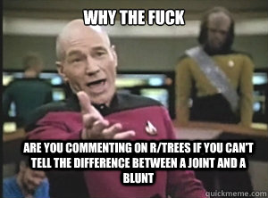 why the fuck Are you commenting on r/trees if you can't tell the difference between a joint and a blunt  Annoyed Picard