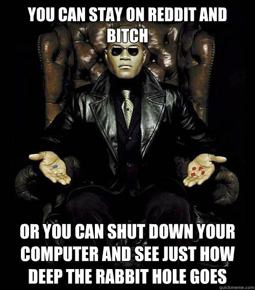 you can stay on reddit and bitch or you can shut down your computer and see just how deep the rabbit hole goes - you can stay on reddit and bitch or you can shut down your computer and see just how deep the rabbit hole goes  Morpheus