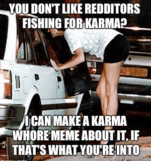 You don't like Redditors fishing for karma? I can make a karma whore meme about it, if that's what you're into  Karma Whore