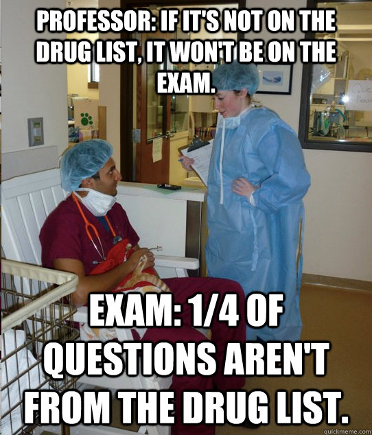 Professor: If it's not on the drug list, it won't be on the exam. exam: 1/4 of questions aren't from the drug list. - Professor: If it's not on the drug list, it won't be on the exam. exam: 1/4 of questions aren't from the drug list.  Overworked Veterinary Student