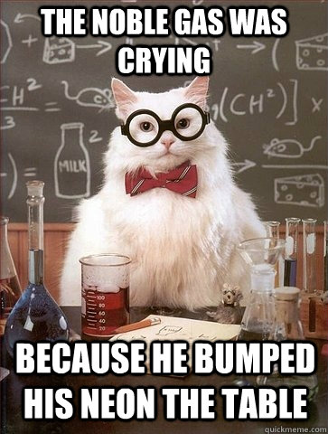 The noble gas was crying because he bumped his neon the table  Chemistry Cat
