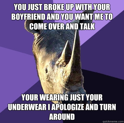 You just broke up with your boyfriend and you want me to come over and talk your wearing just your underwear I apologize and turn around  Sexually Oblivious Rhino
