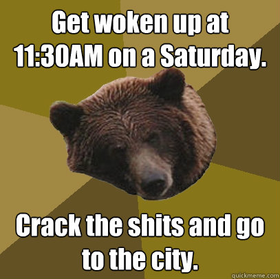 Get woken up at 11:30AM on a Saturday. Crack the shits and go to the city.  Lazy Bachelor Bear