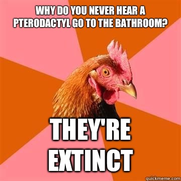 Why do you never hear a pterodactyl go to the bathroom? They're extinct  True story now anti joke chicken