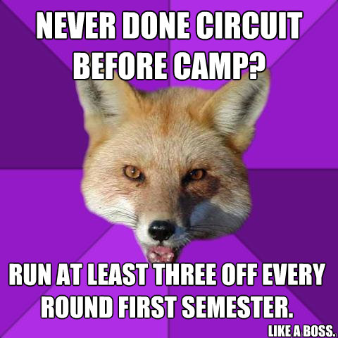 Never done circuit before camp? Run at least three off every round first semester. Like a boss.  Forensics Fox