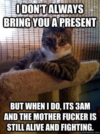 I don't always bring you a present but when I do, its 3am and the mother fucker is still alive and fighting. - I don't always bring you a present but when I do, its 3am and the mother fucker is still alive and fighting.  The Most Interesting Cat in the World