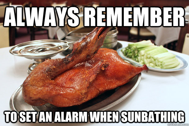 always remember to set an alarm when sunbathing - always remember to set an alarm when sunbathing  Final Advice Mallard