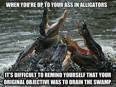 When you're up to your ass in alligators It's difficult to remind yourself that your original objective was to drain the swamp. - When you're up to your ass in alligators It's difficult to remind yourself that your original objective was to drain the swamp.  Up to your ass in alligators