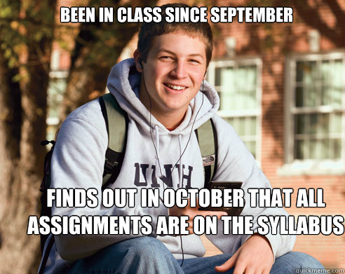 Been In class since September finds out in October that all assignments are on the syllabus  College Freshman