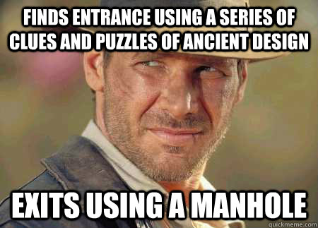 Finds entrance using a series of clues and puzzles of ancient design Exits using a manhole - Finds entrance using a series of clues and puzzles of ancient design Exits using a manhole  Misc