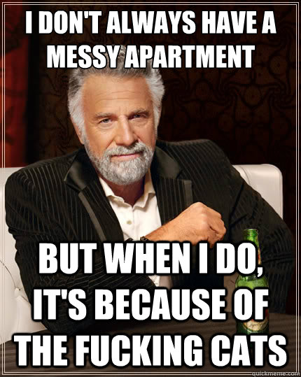 I don't always have a messy apartment but when I do, it's because of the fucking cats  The Most Interesting Man In The World