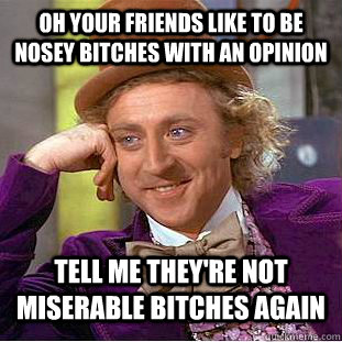 OH YOUR FRIENDS LIKE TO BE NOSEY BITCHES WITH AN OPINION TELL ME THEY'RE NOT MISERABLE BITCHES AGAIN  Condescending Wonka