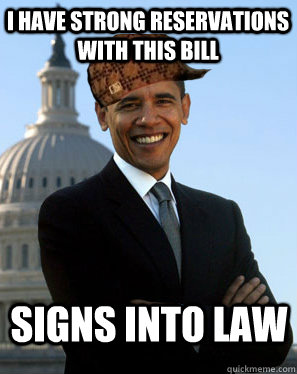 I have strong reservations with this bill Signs into law  Scumbag Obama