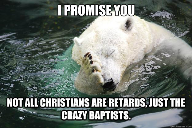 I promise you Not all christians are retards, just the crazy baptists. - I promise you Not all christians are retards, just the crazy baptists.  Embarrassed Polar Bear