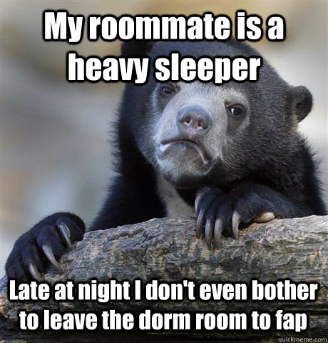 My roommate is a heavy sleeper Late at night I don't even bother to leave the dorm room to fap  Confession Bear