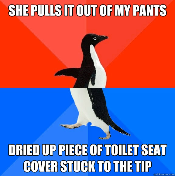 She pulls it out of my pants Dried up piece of toilet seat cover stuck to the tip  Socially Awesome Awkward Penguin