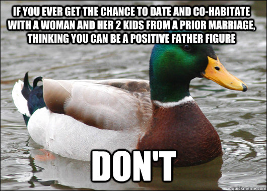 if you ever get the chance to date and co-habitate with a woman and her 2 kids from a prior marriage, thinking you can be a POSITIVE father figure DON'T  Actual Advice Mallard