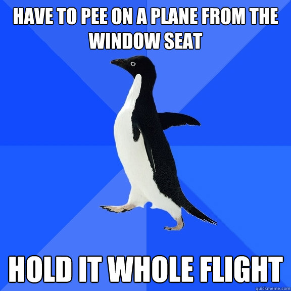 Have to pee on a plane from the window seat Hold it whole flight  Socially Awkward Penguin