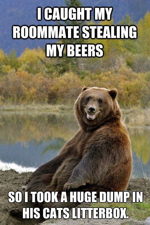 i caught my roommate stealing my beers so i took a huge dump in his cats litterbox. - i caught my roommate stealing my beers so i took a huge dump in his cats litterbox.  Revenge Bear