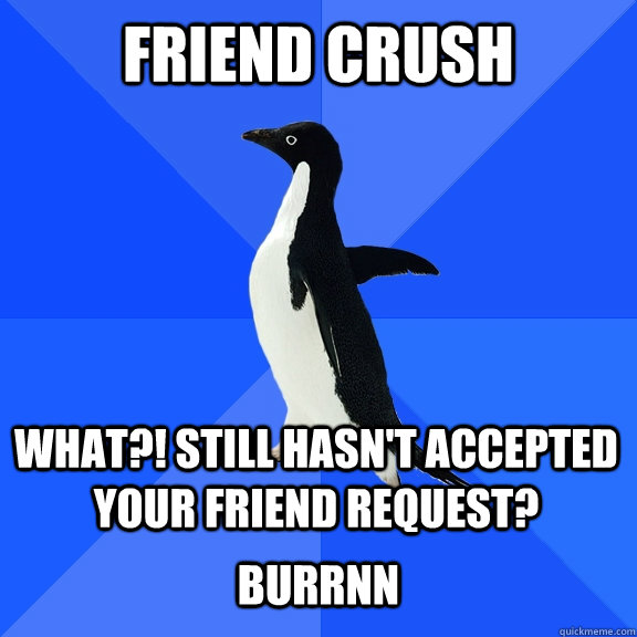 Friend Crush what?! still hasn't accepted your friend request?  Burrnn  Socially Awkward Penguin