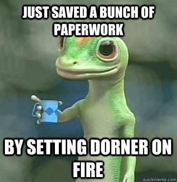 just saved a bunch of paperwork by setting dorner on fire - just saved a bunch of paperwork by setting dorner on fire  Geico