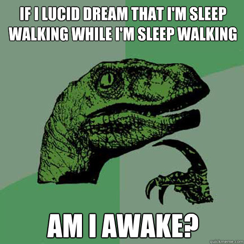 If I lucid dream that I'm sleep walking while I'm sleep walking am I awake? - If I lucid dream that I'm sleep walking while I'm sleep walking am I awake?  Philosoraptor