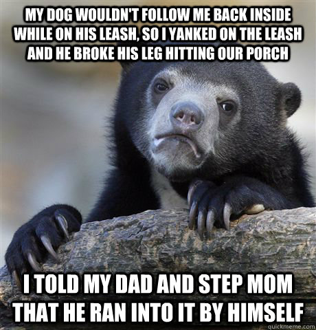 My dog wouldn't follow me back inside while on his leash, so I yanked on the leash and he broke his leg hitting our porch  I told my dad and step mom that he ran into it by himself - My dog wouldn't follow me back inside while on his leash, so I yanked on the leash and he broke his leg hitting our porch  I told my dad and step mom that he ran into it by himself  Confession Bear