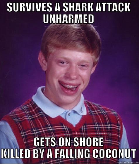 SURVIVES A SHARK ATTACK UNHARMED GETS ON SHORE KILLED BY A FALLING COCONUT Bad Luck Brian