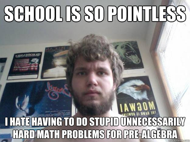 School is so pointless
 I hate having to do stupid unnecessarily hard math problems for Pre-Algebra  - School is so pointless
 I hate having to do stupid unnecessarily hard math problems for Pre-Algebra   Not-in-School Guy