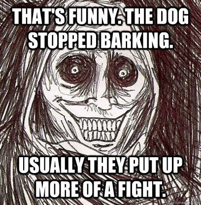 That's funny. The dog stopped barking. Usually they put up more of a fight.  Shadowlurker