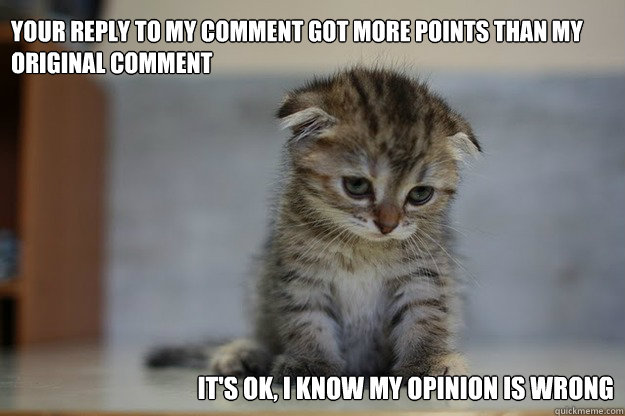 Your reply to my comment got more points than my original comment It's ok, I know my opinion is wrong  Sad Kitten