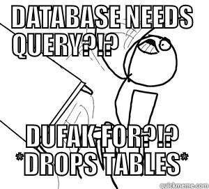 DATABASE NEEDS QUERY?!?                DUFAK FOR?!? *DROPS TABLES* Misc