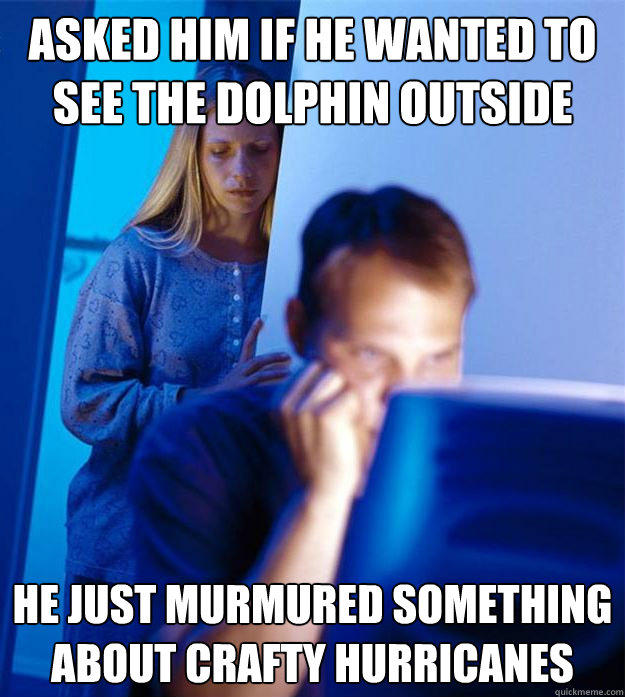 Asked him if he wanted to see the dolphin outside he just murmured something about crafty hurricanes  Redditors Wife