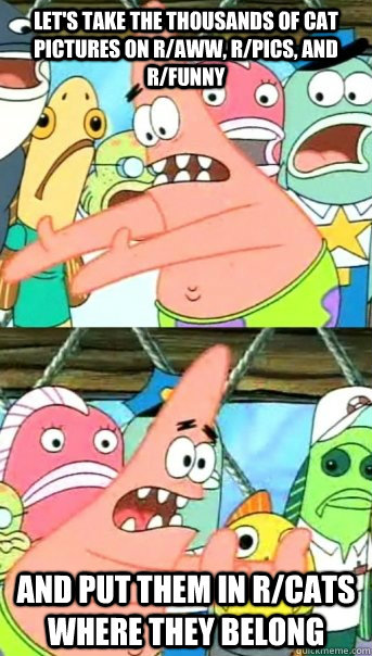 Let's take the thousands of cat pictures on r/aww, r/pics, and r/funny and put them in r/cats where they belong  Push it somewhere else Patrick