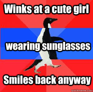 Winks at a cute girl wearing sunglasses Smiles back anyway  Socially awesome awkward awesome penguin