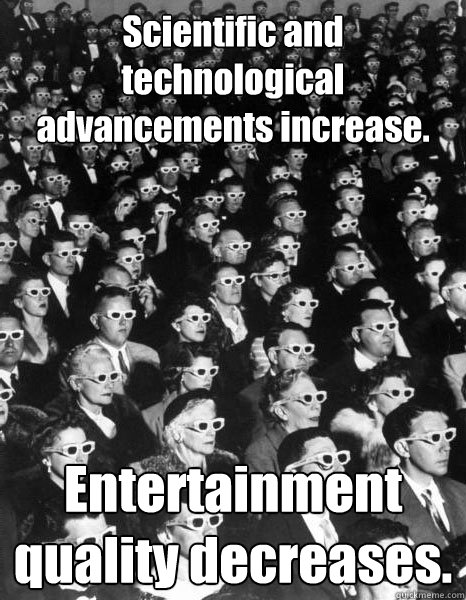 Scientific and technological advancements increase. Entertainment quality decreases.  Scumbag Society