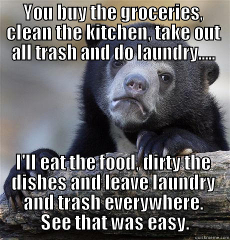 YOU BUY THE GROCERIES, CLEAN THE KITCHEN, TAKE OUT ALL TRASH AND DO LAUNDRY..... I'LL EAT THE FOOD, DIRTY THE DISHES AND LEAVE LAUNDRY AND TRASH EVERYWHERE.  SEE THAT WAS EASY. Confession Bear