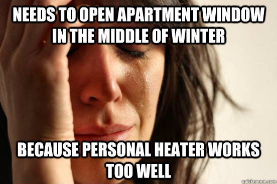 Needs to open apartment window in the middle of winter because personal heater works too well  First World Problems