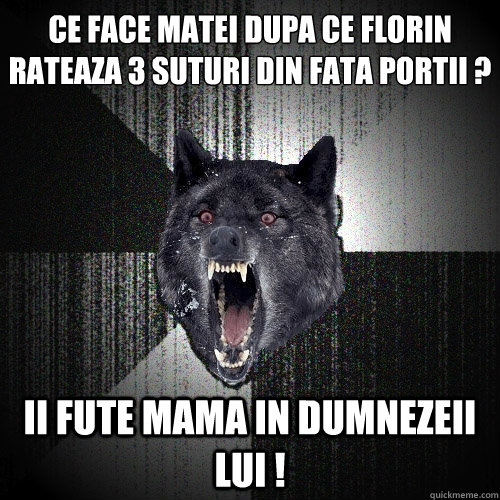 Ce face matei dupa ce florin rateaza 3 suturi din fata portii ?
 II FUTE MAMA IN DUMNEZEII LUI !  Insanity Wolf