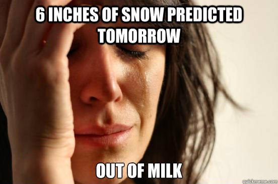 6 inches of snow predicted tomorrow Out of milk  First World Problems