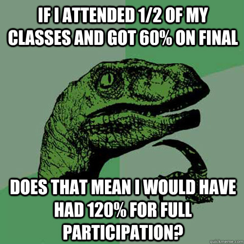 If I attended 1/2 of my classes and got 60% on final Does that mean I would have had 120% for full participation?  Philosoraptor