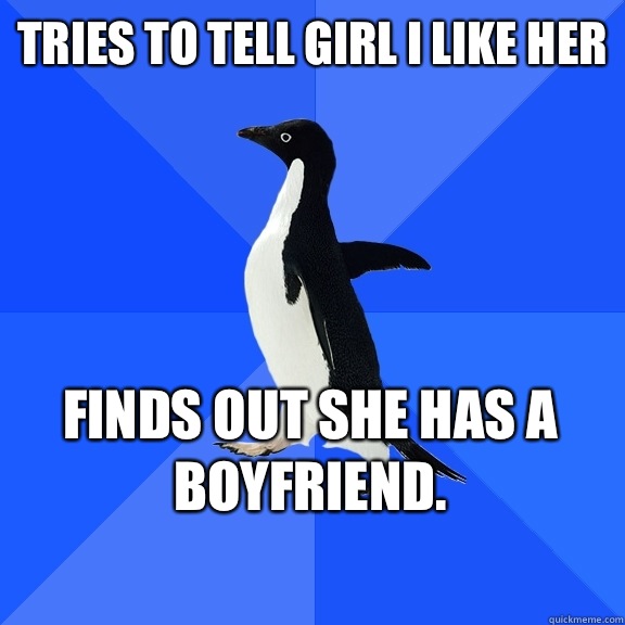 Tries to tell girl I like her Finds out she has a boyfriend.    Socially Awkward Penguin
