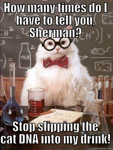 HOW MANY TIMES DO I HAVE TO TELL YOU, SHERMAN? STOP SLIPPING THE CAT DNA INTO MY DRINK! Chemistry Cat