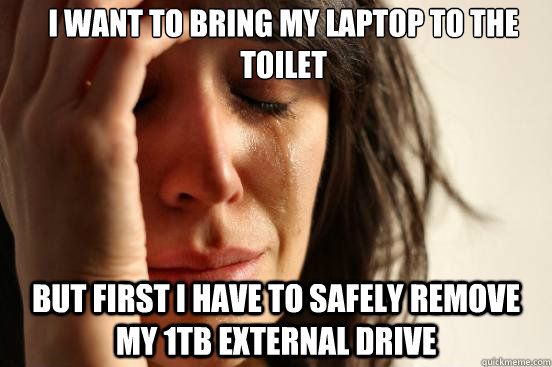 i want to bring my laptop to the toilet but First i have to safely remove my 1tb external drive  First World Problems