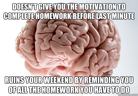 Doesn't give you the motivation to complete homework before last minute ruins your weekend by reminding you of all the homework you have to do  Scumbag Brain