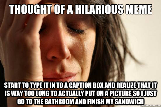 Thought of a hilarious meme Start to type it in to a caption box and realize that it is way too long to actually put on a picture so i just go to the bathroom and finish my sandwich  First World Problems