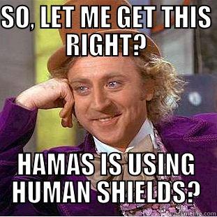 SO, LET ME GET THIS RIGHT? HAMAS IS USING HUMAN SHIELDS? Condescending Wonka