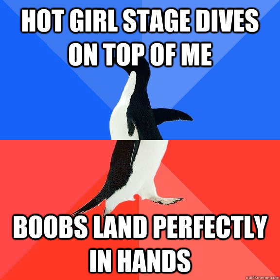 hot girl stage dives on top of me boobs land perfectly in hands  Socially Awkward Awesome Penguin