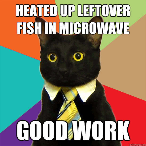 Heated up leftover fish in microwave good work  Business Cat