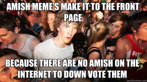 Amish meme's make it to the front page because there are no amish on the internet to down vote them  Sudden Clarity Clarence